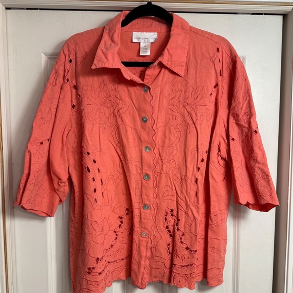 Susan Graver Style Tops - Vtg Susan Graver Style Linen Blend Embroidered Shirt Coral 2X eyelet cottagecore
